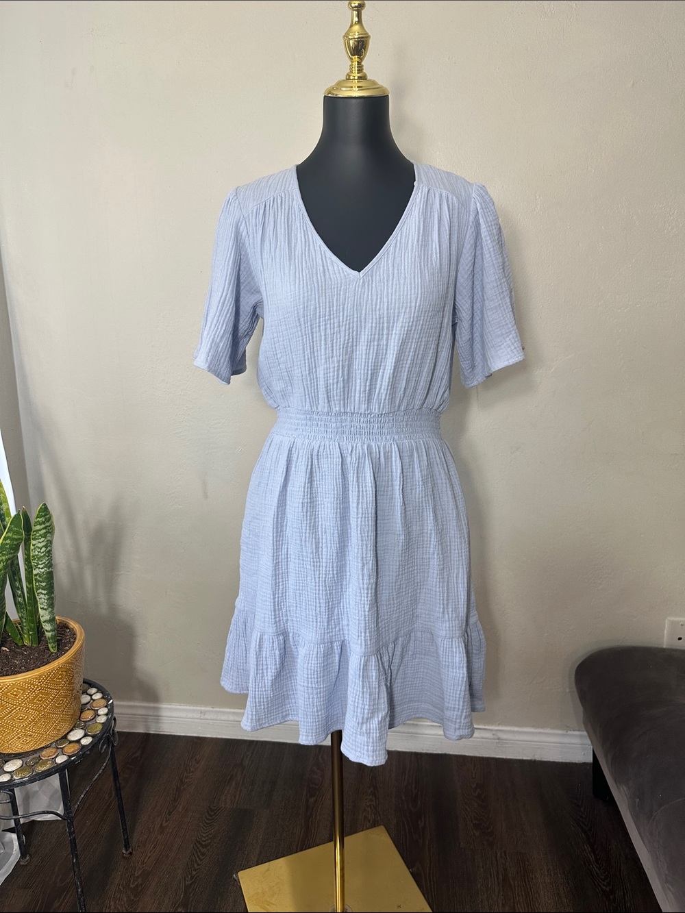 Knox Rose Pale Blue V-Neck Smocked Waist Ruffle-Hem Dress